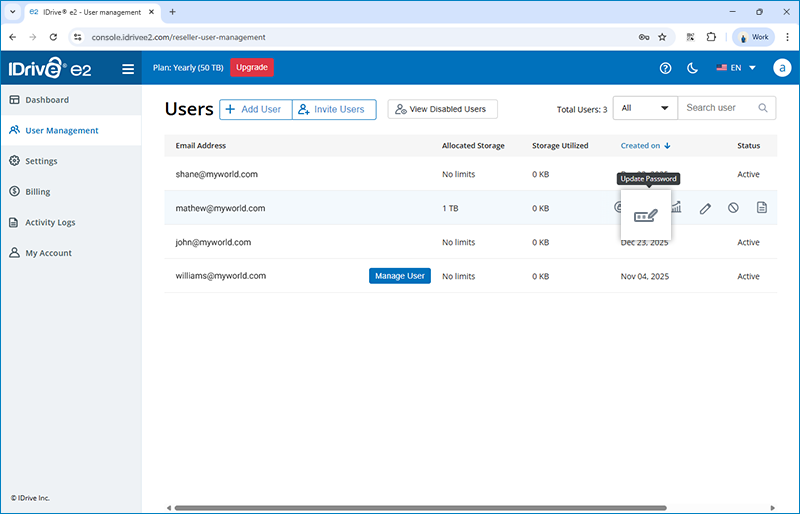 Faq Reseller - update password dialog for a reseller managed user