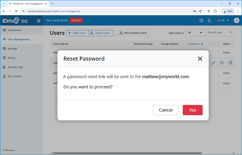 Faq Reseller - reset password confirmation popup for reseller user